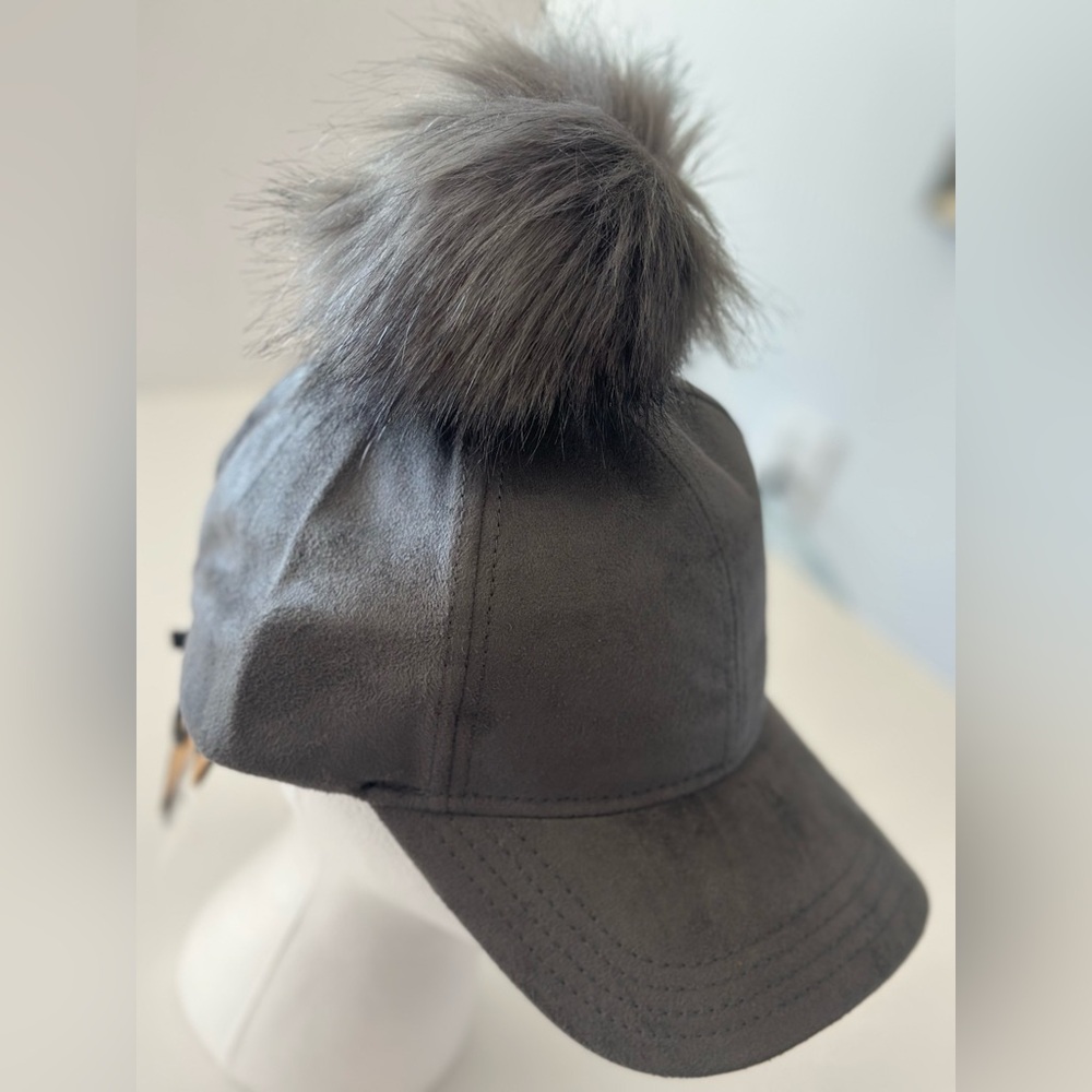 C.C Charcoal Cap with Faux Fur Pom